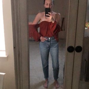 F21 Off The Shoulder Rust Colored Chiffon Top